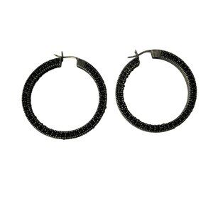Gun Metal Silver Tone Hoop Earrings Textured Black Rhinestones Etched